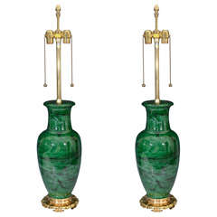 Pair of Mid Century Marbled Green & Black Ceramic Marbro Lamps