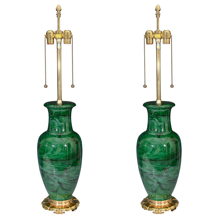Pair of Mid Century Marbled Green & Black Ceramic Marbro Lamps