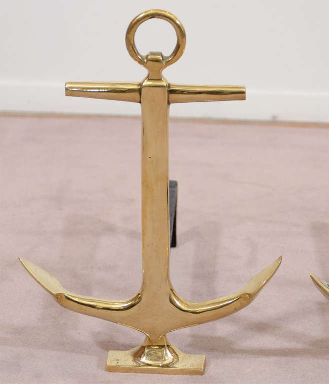 American Pair of Mid Century Brass Anchor Andirons by Puritan