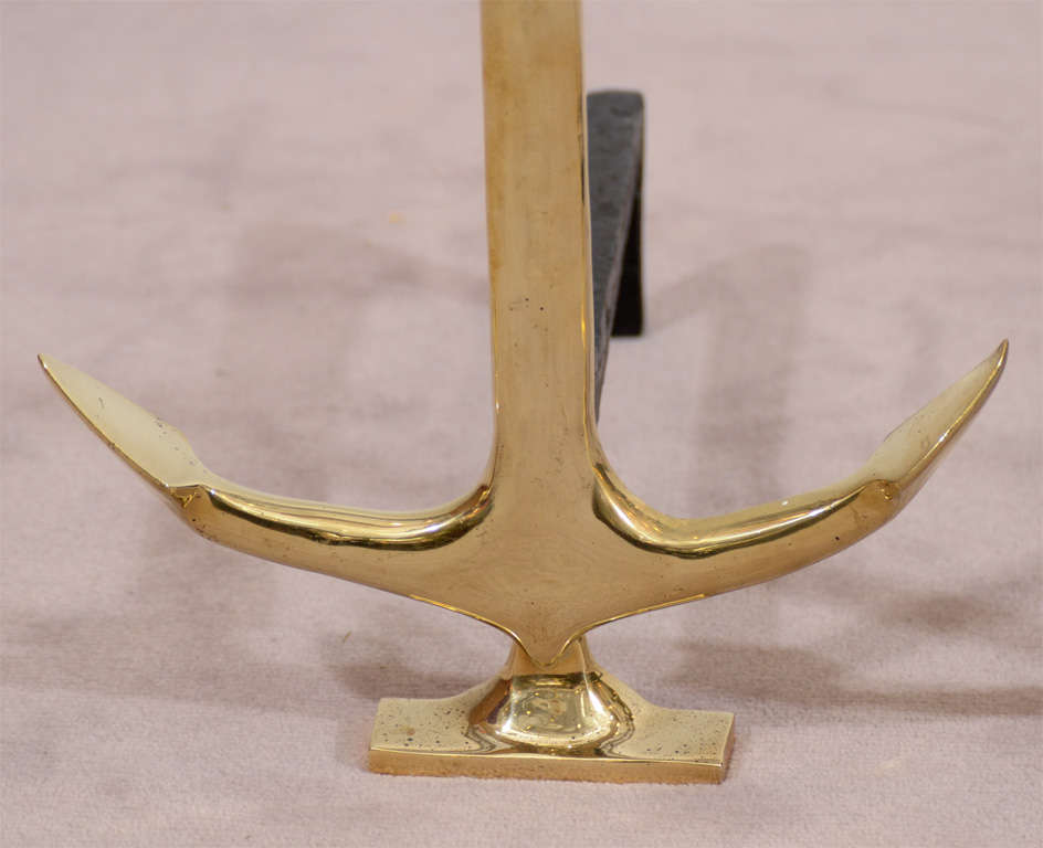 Mid-20th Century Pair of Mid Century Brass Anchor Andirons by Puritan