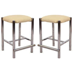 Vintage Pair of Mid Century Chrome Frame Stools in the Style of Baughman