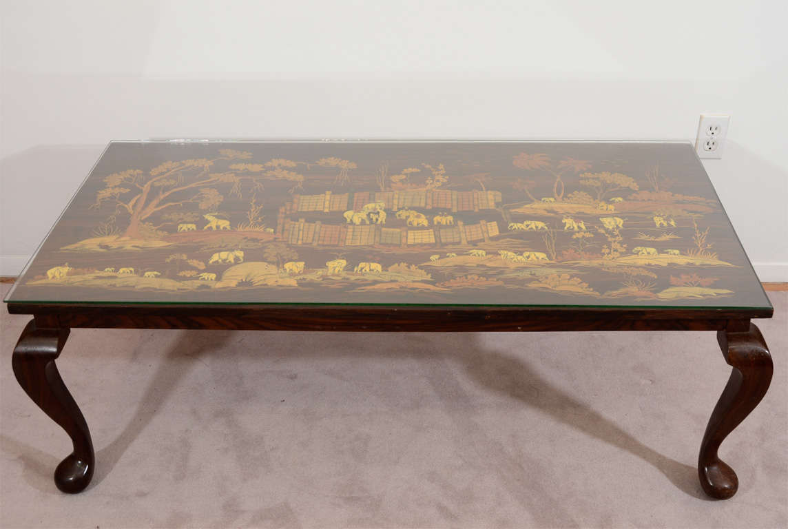 Mid Century Coffee or Cocktail Table with Inlaid Elephant Scene