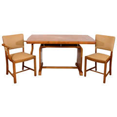 Vintage Art Deco Dining Table with Four Leather & Walnut Chairs