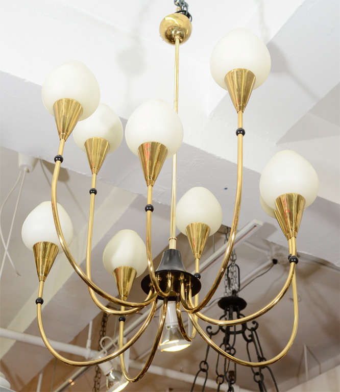 20th Century Mid Century Brass Nine Light Chandelier with Frosted Shades