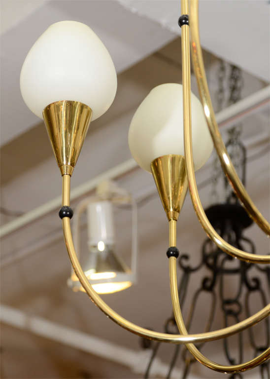 Glass Mid Century Brass Nine Light Chandelier with Frosted Shades