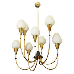 Mid Century Brass Nine Light Chandelier with Frosted Shades