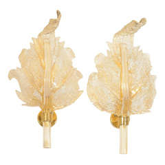 Pair of Mid Century Barovier 
Toso Glass and Brass Leaf Sconces