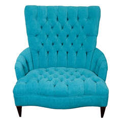 Vintage Turquoise Blue Tufted "Chair and a Half"