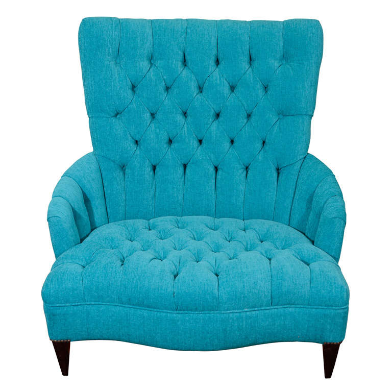 Vintage Turquoise Blue Tufted "Chair and a Half"