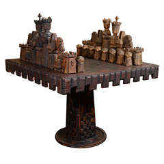 Vintage Monumental Carved Wood Game Table and Chess Pieces