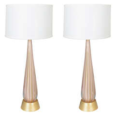 Pair of Mid Century Tall Clear and Pink Glass Table Lamps