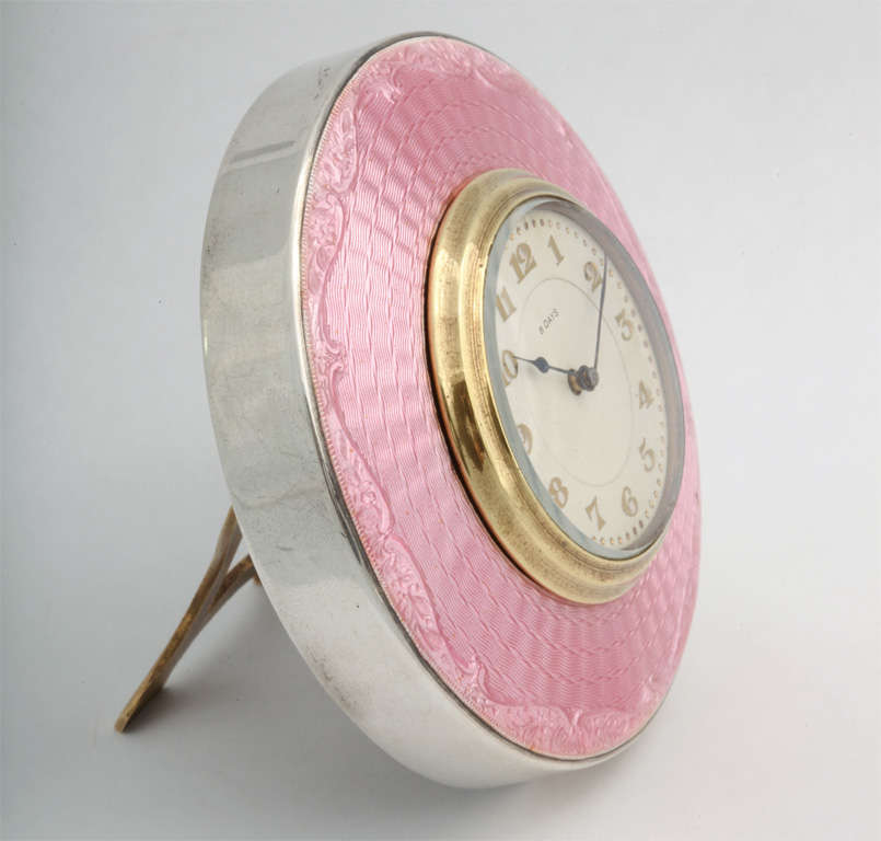 Art Deco, sterling silver and pink enamel eight day clock, Birmingham, England, 1927, H. Matthews - maker. @3 1/4