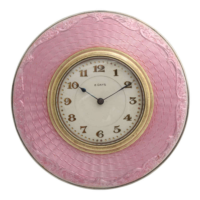 Art Deco Sterling Silver and Pink Enamel Eight Day Clock