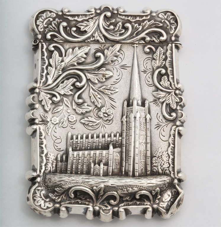 Unusual, historic, coin silver calling card case depicting the US Capitol Building in Washington, D.C. on one side and a church on the other, American, Ca. 1850's; @3 1/2