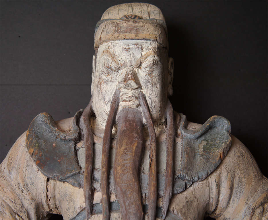 Painted Carved Wood Chinese Sculpture of a Court Official For Sale at