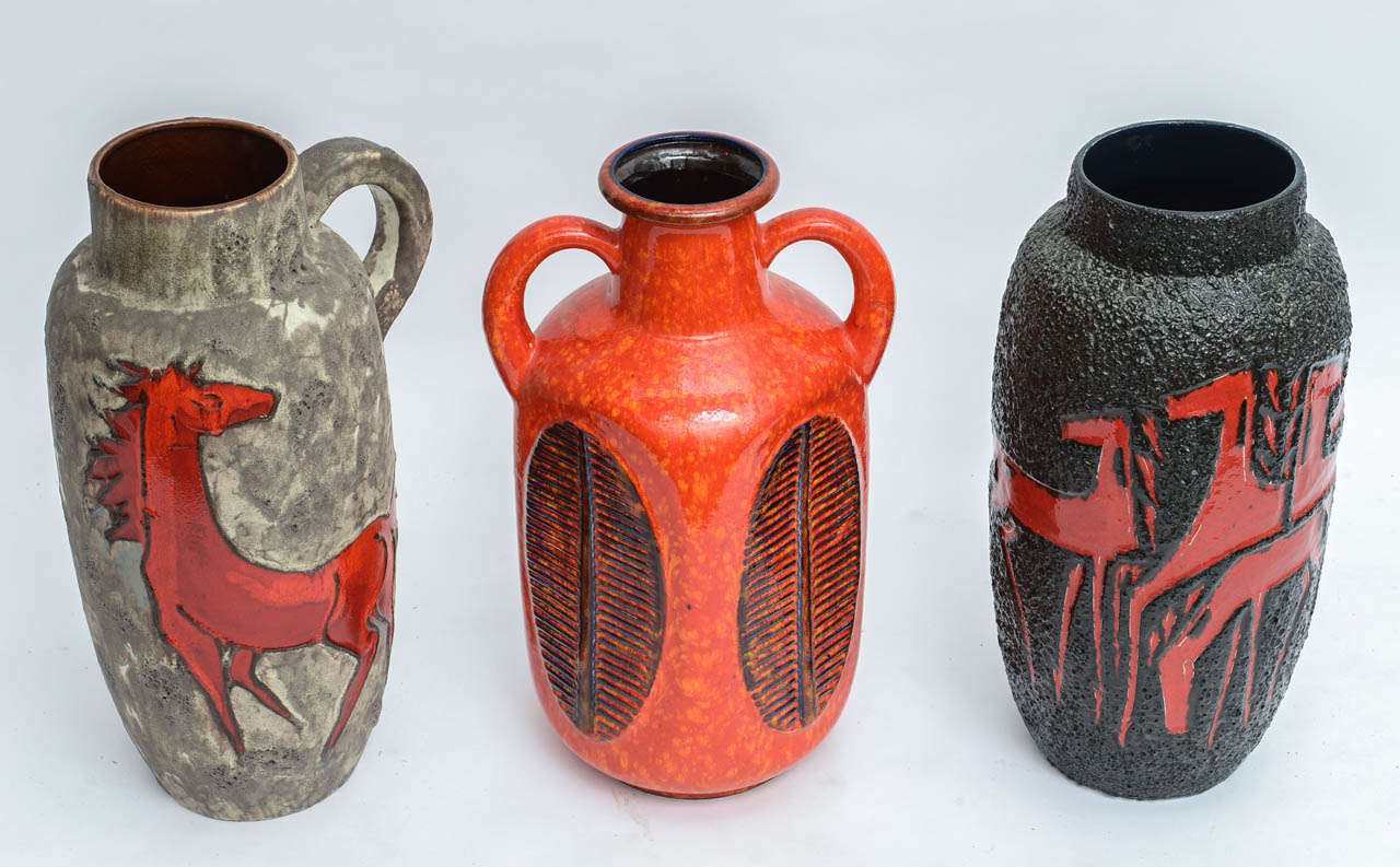 Very large and vibrant West German pottery vases. Set of 3. (Several in our collection)