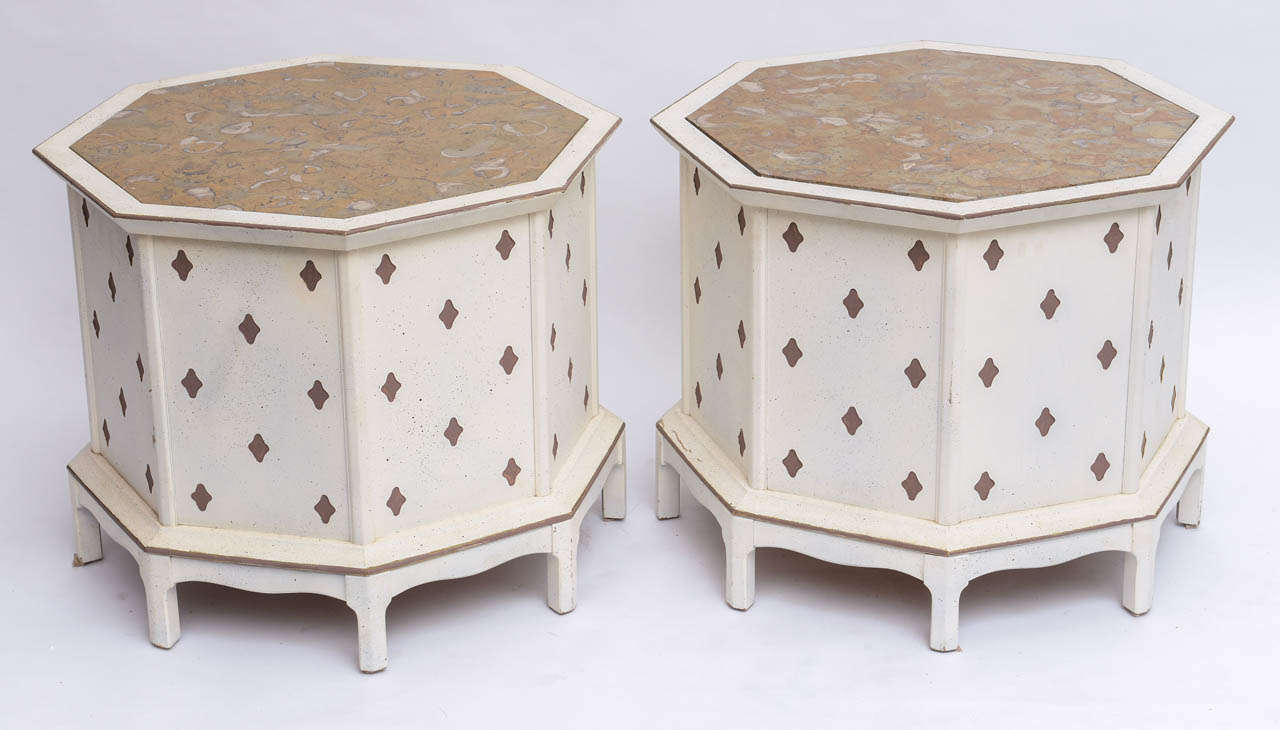 Pair of Marble Topped Hexagonal End Tables For Sale 3