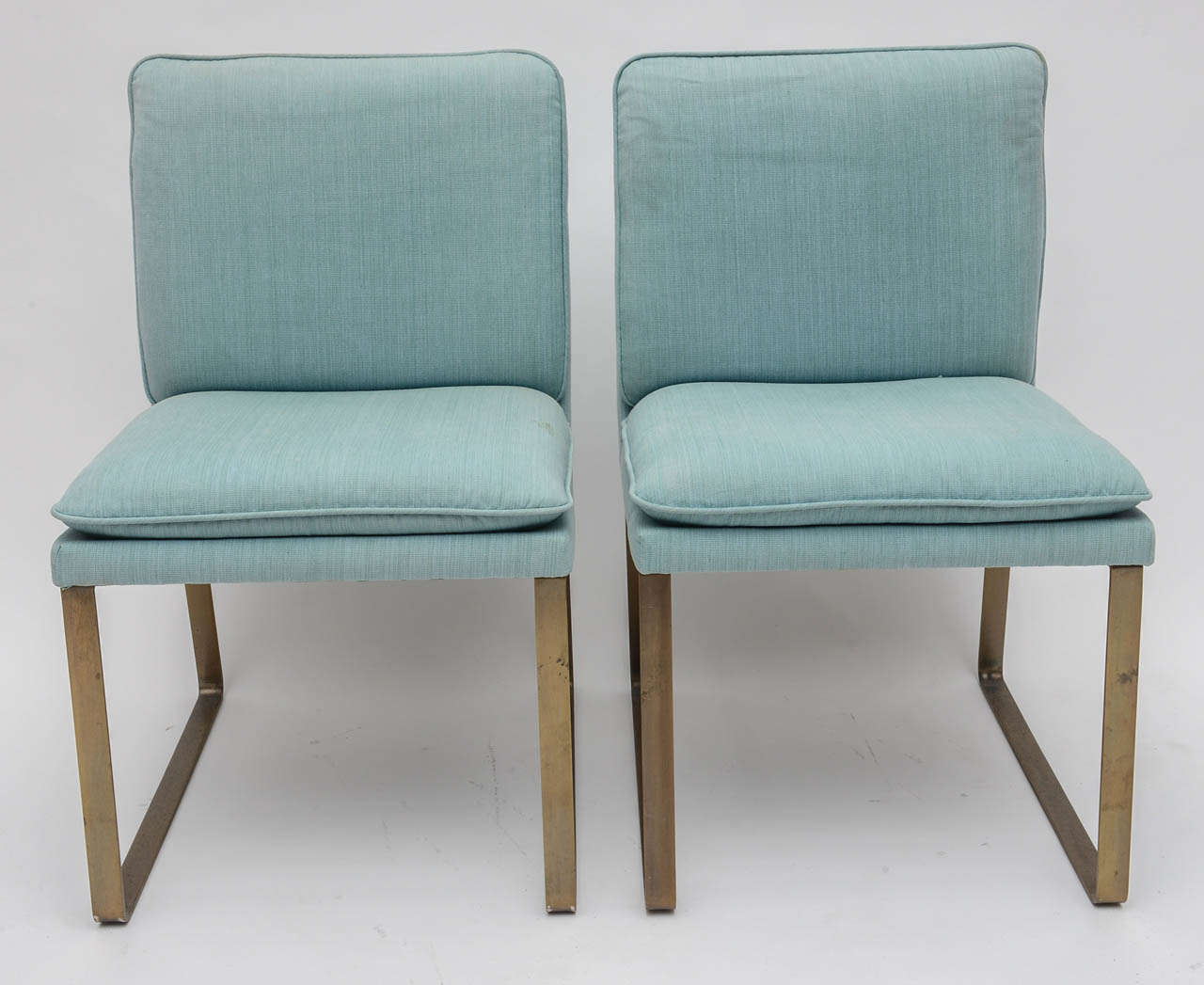 Minimalist chairs with beautifully patinated Bronze frames.
See other listing for matching Dining Table