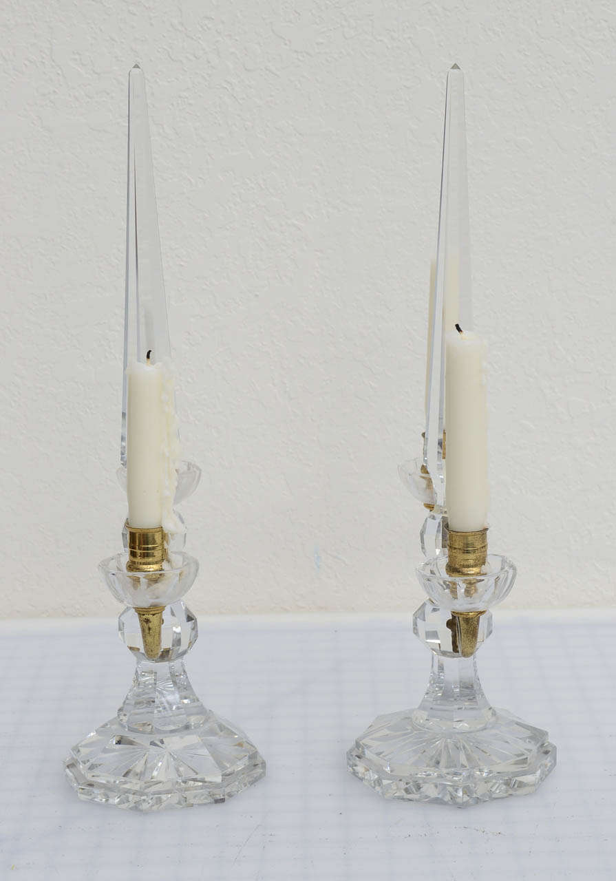 Pair of French Crystal and Ormolu, Two-Candle Candelabras, 19th Century In Good Condition For Sale In West Palm Beach, FL