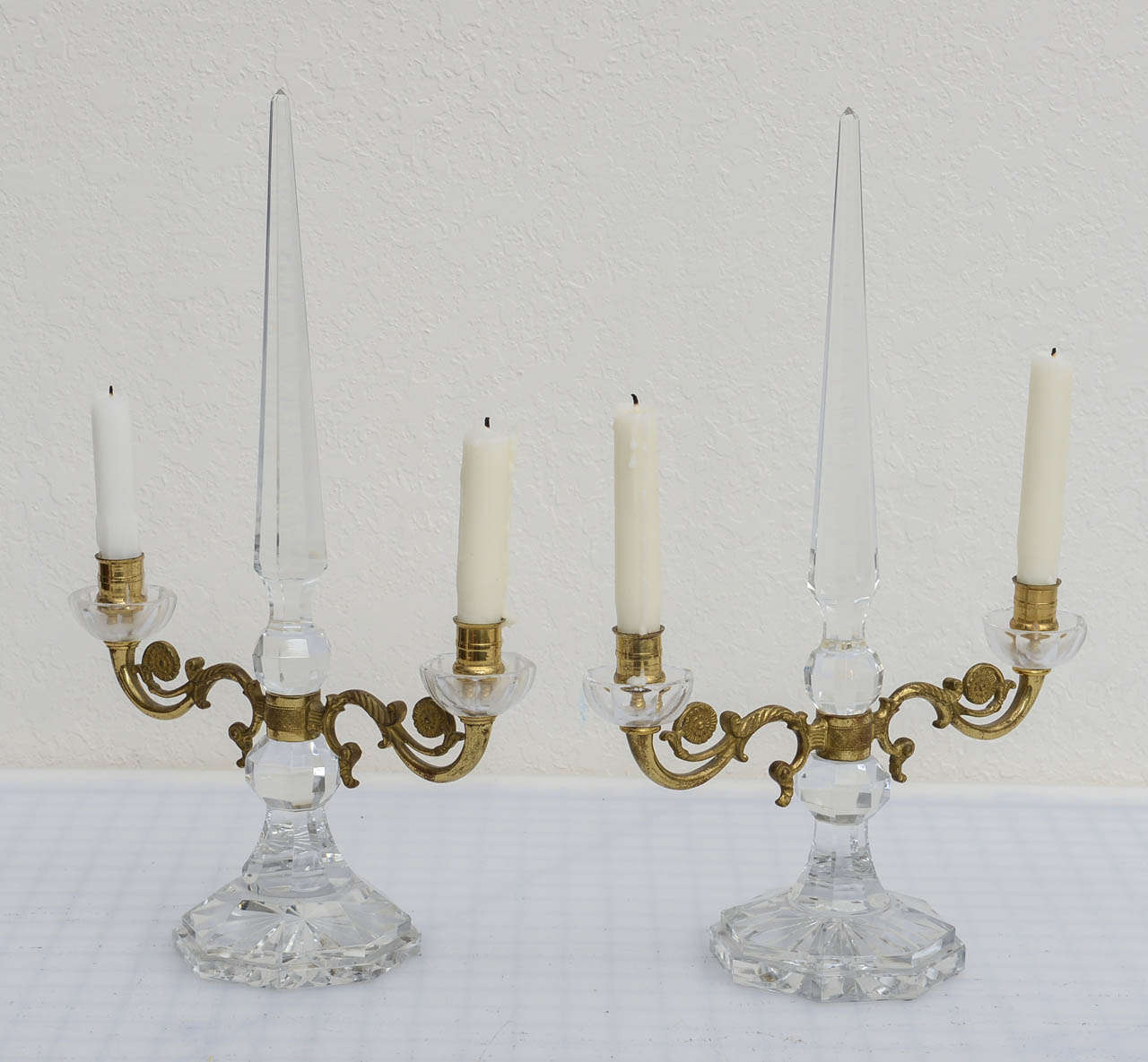 Pair of French Crystal and Ormolu, Two-Candle Candelabras, 19th Century For Sale 1