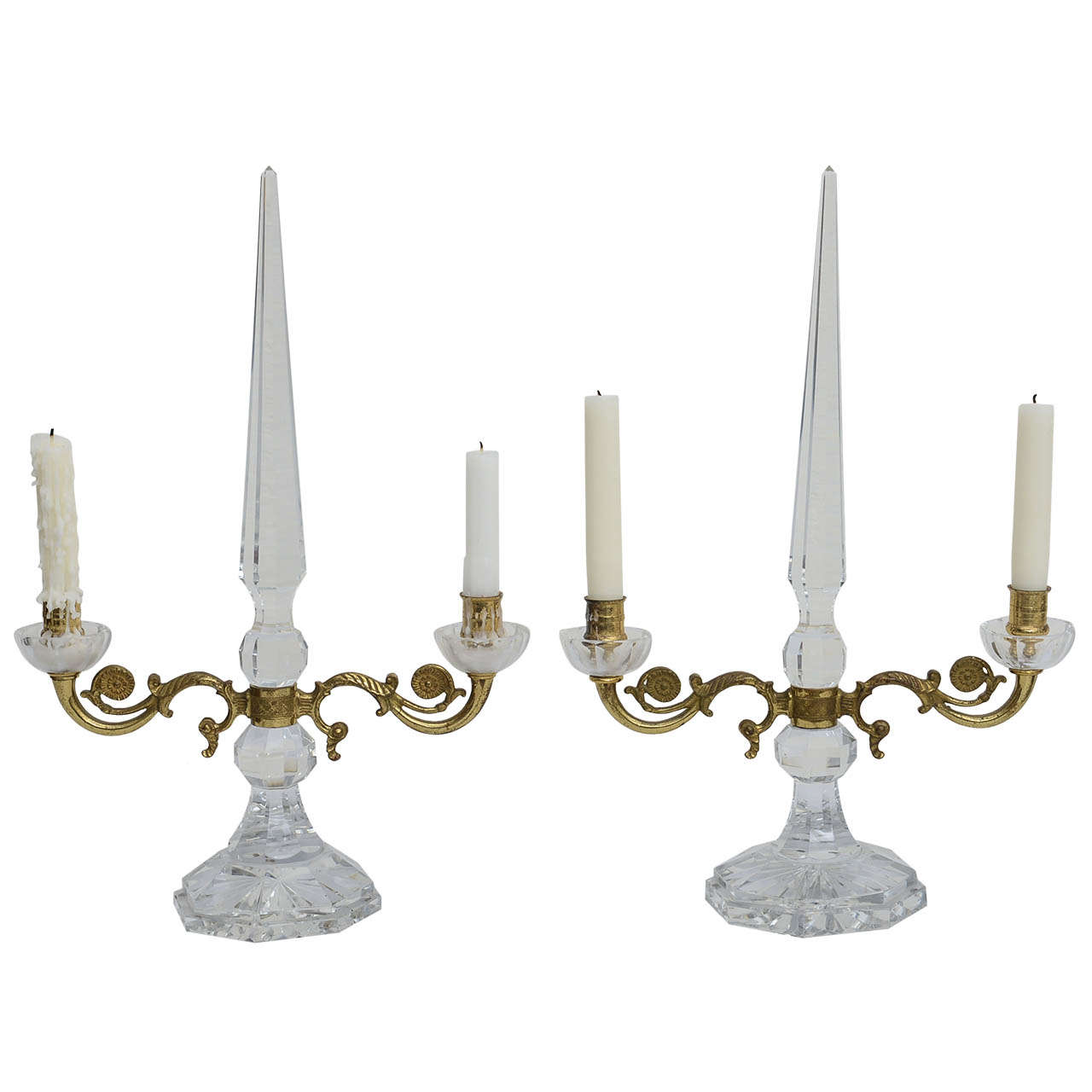 Pair of French Crystal and Ormolu, Two-Candle Candelabras, 19th Century For Sale
