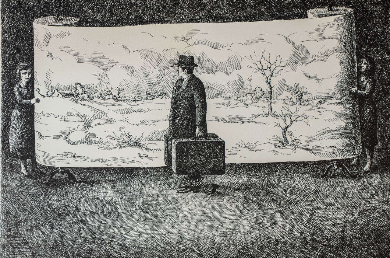 Late 20th Century black and White Lithography 'Le Voyage' by Topor