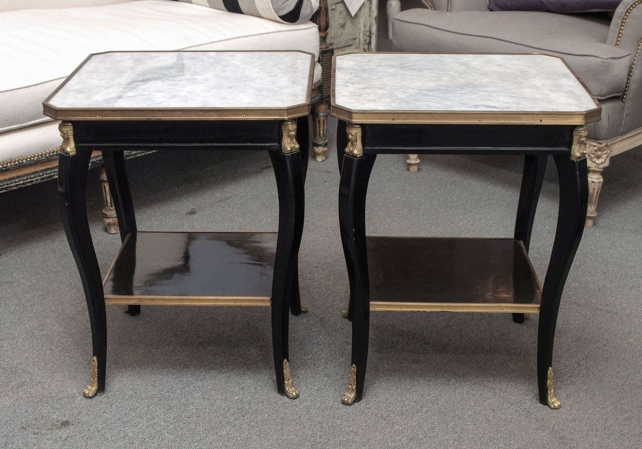French Empire Style Black Laquered Wood and Carrera Marble Side Tables