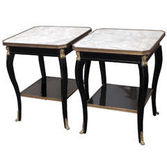 French Empire Style Black Laquered Wood and Carrera Marble Side Tables