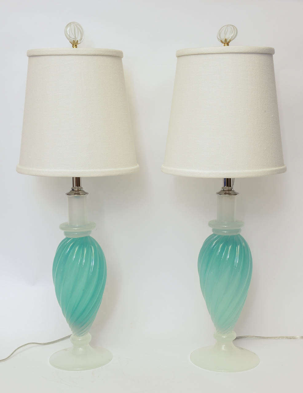 Pair of handblown Murano Glass lamps, with raised spiral design in beautiful jade green colour.