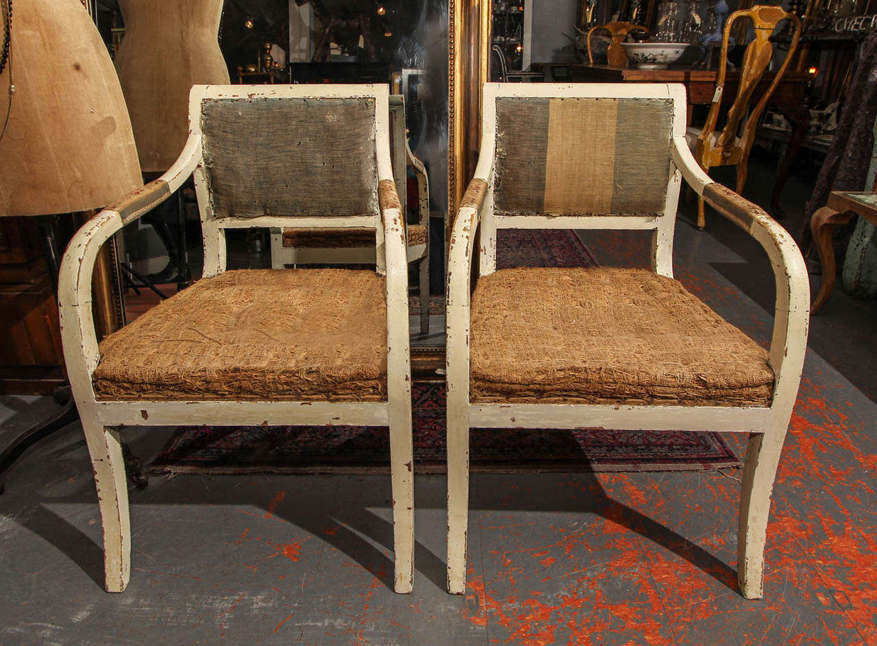 pair painted swedish arm chairs circa 1820 with wonderful early fabric