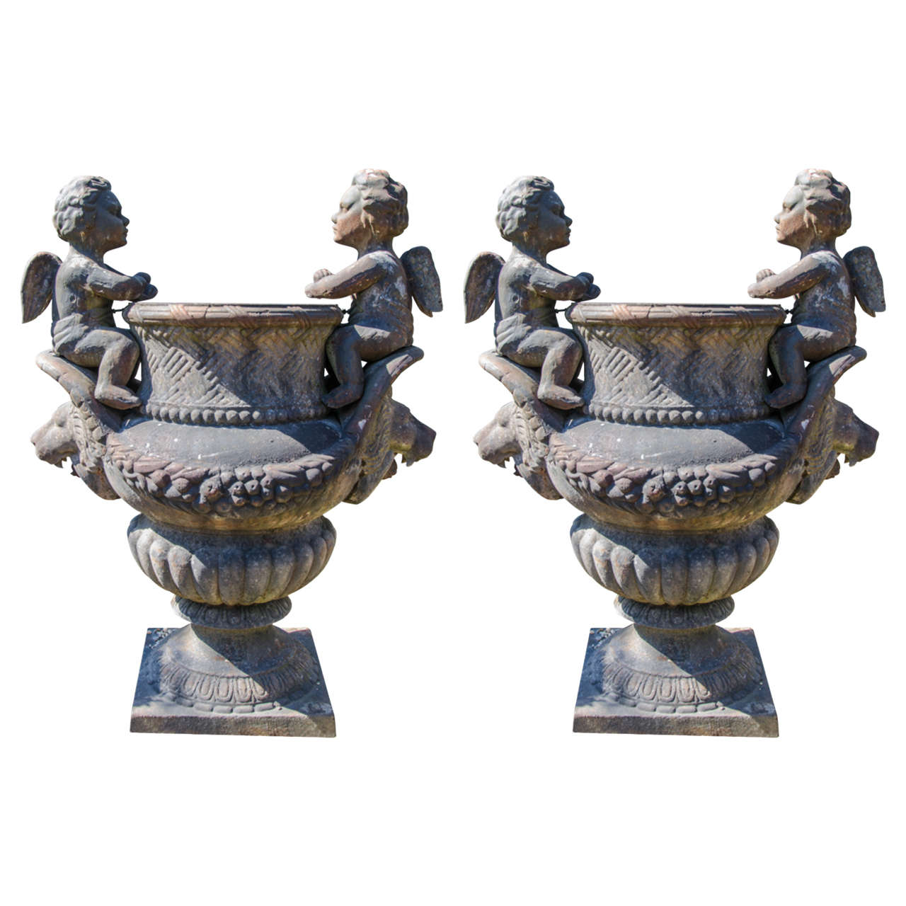 Pair of Decorative Cast Iron Putti Urns