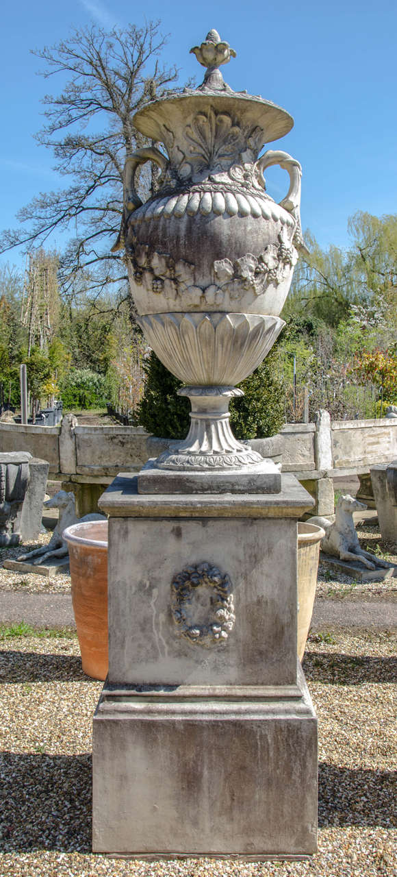 French Baroque Style Stone Urns on Plinths