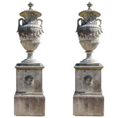 French Baroque Style Stone Urns on Plinths
