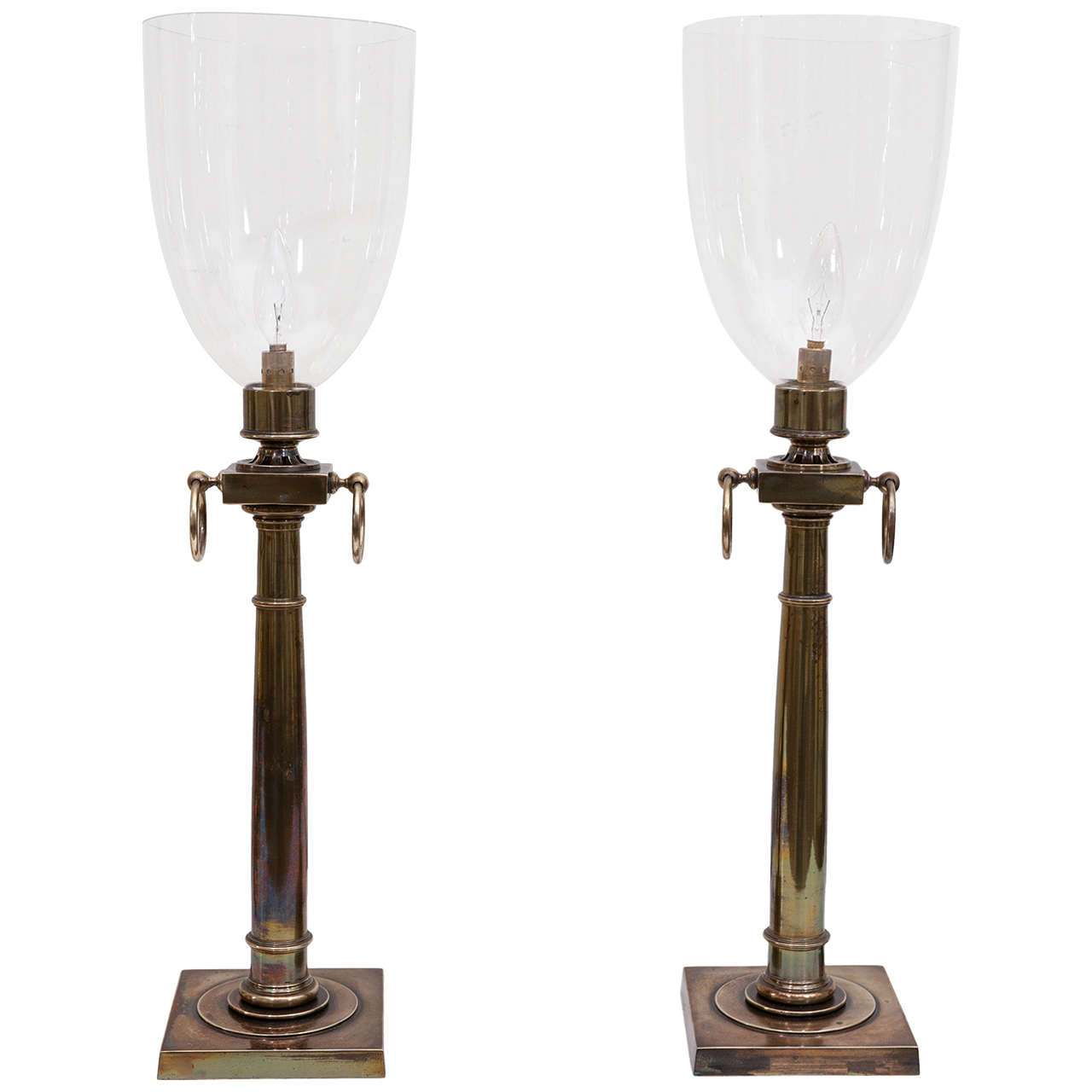 Pair of American Hurricane Lamps in Brass