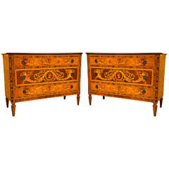 Paif of Italian Neoclassical Inlaid Fruitwood Commodes