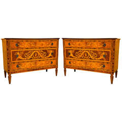 Paif of Italian Neoclassical Inlaid Fruitwood Commodes