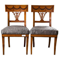Antique Pair of Biedermeier Ebony Inlaid Side Chairs.
