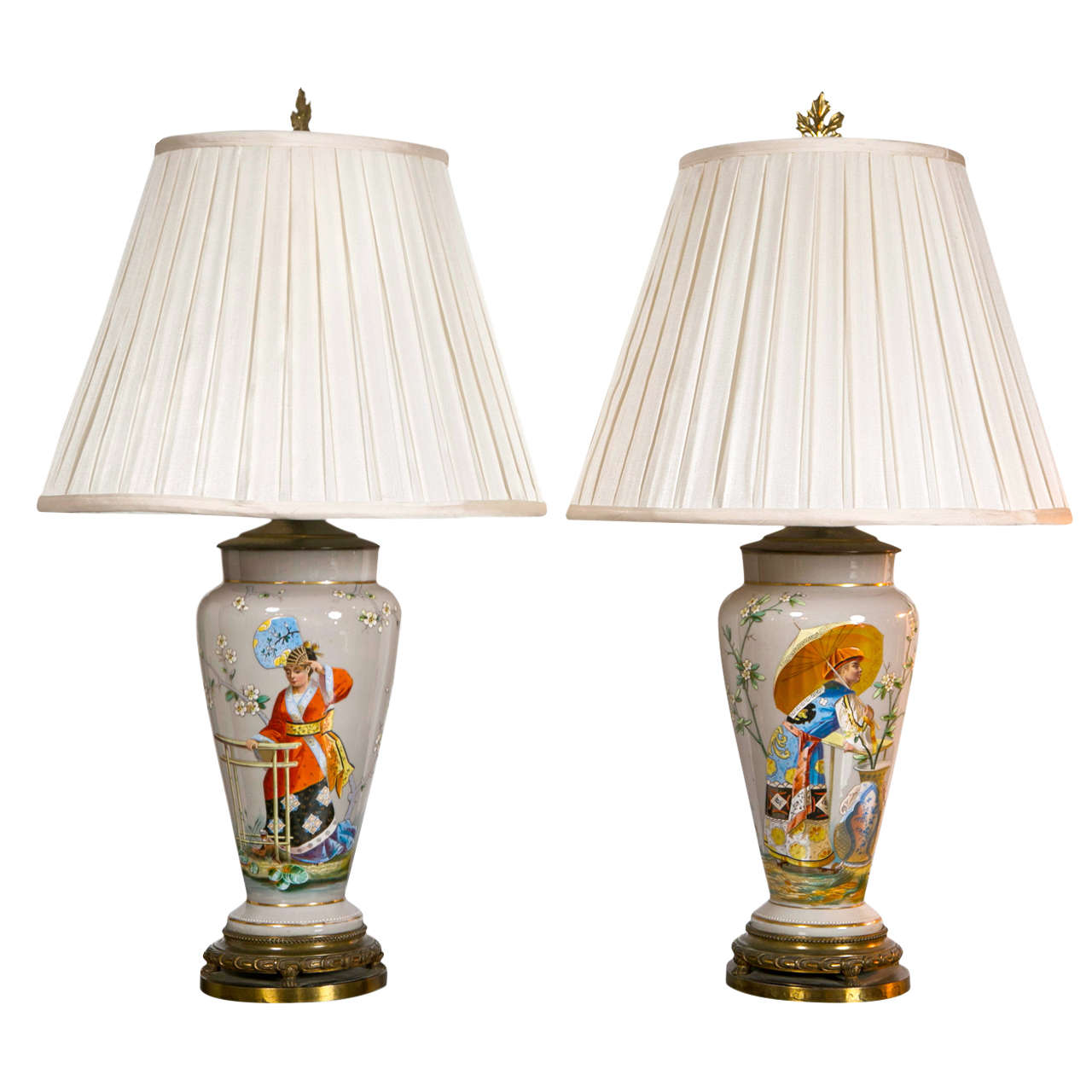 Pair of 19th Century Fine Porcelain Painted French Urn Lamps For Sale