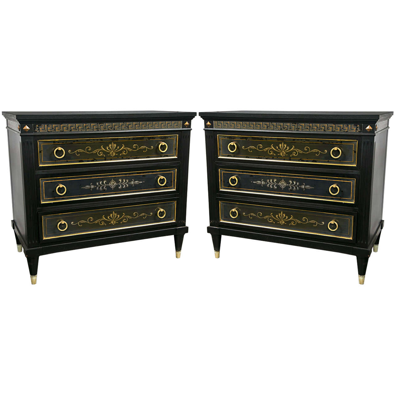 Pair of Ebonized Greek Key Design Commodes by Karges