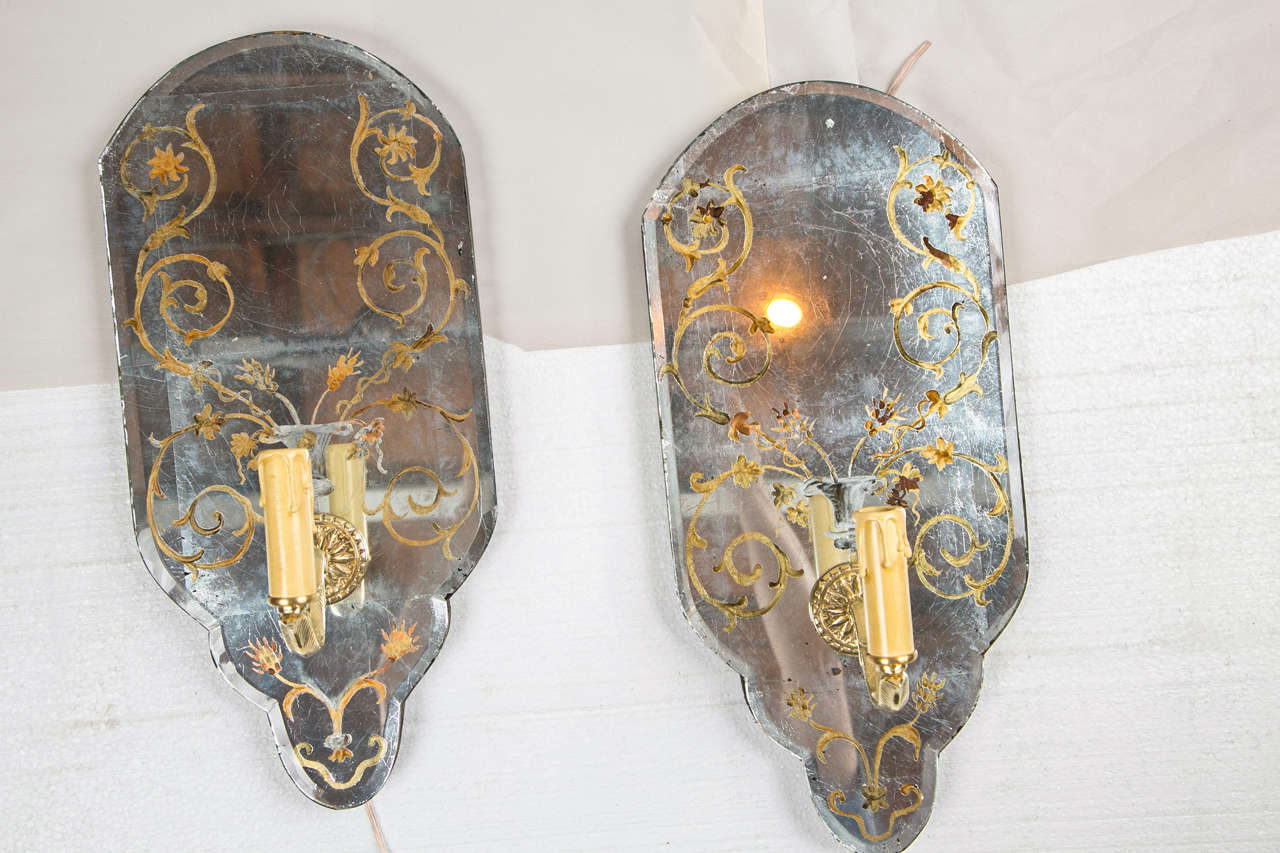 Group of Four Eglomise Glass and Mirror Wall Sconse attrib Jansen