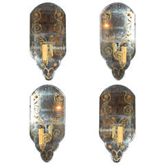 Group of Four Eglomise Glass and Mirror Wall Sconse attrib Jansen