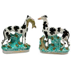 Antique Pair of Staffordshire Greyhounds with Rabbits