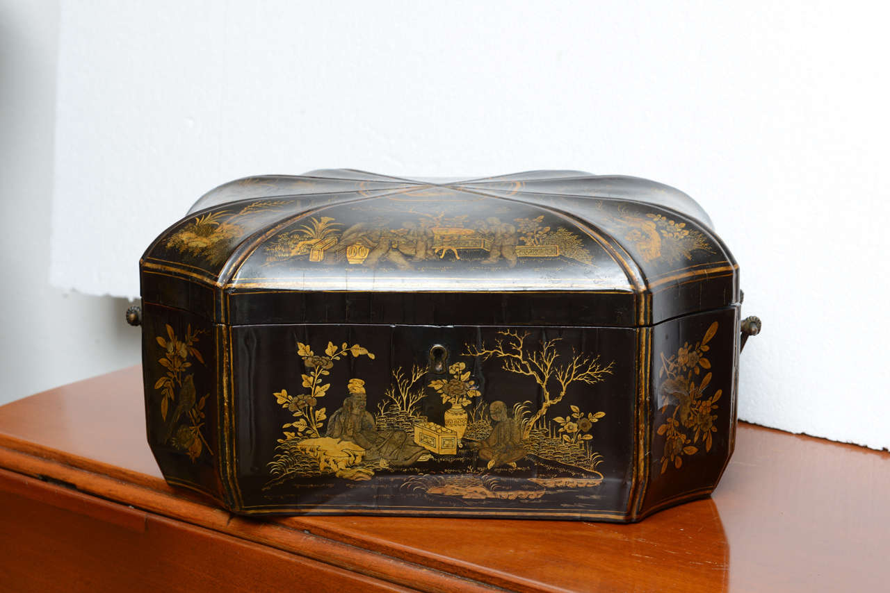 Black Lacquered Chinese Chinoiserie Tea Caddy with two handles, interior contains two original etched tea containers with lift out lids and ivory button pulls, original restored finish

Originally $ 3,950.00

PLEASE CHECK OUT OUR WEB SITE FOR