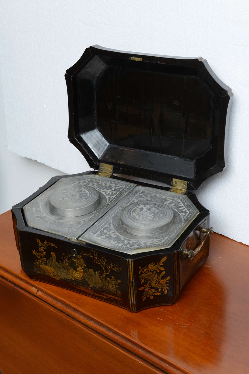 Wood Black Lacquered Chinese Chinoiserie Tea Caddy 19th century