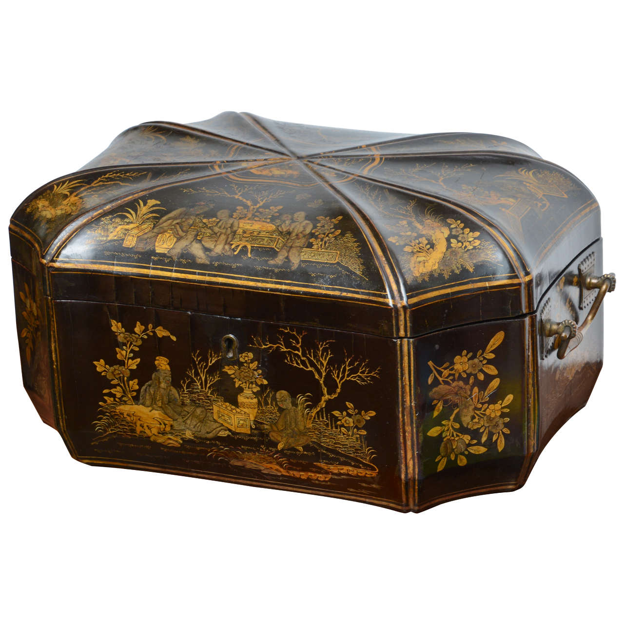 Black Lacquered Chinese Chinoiserie Tea Caddy 19th century