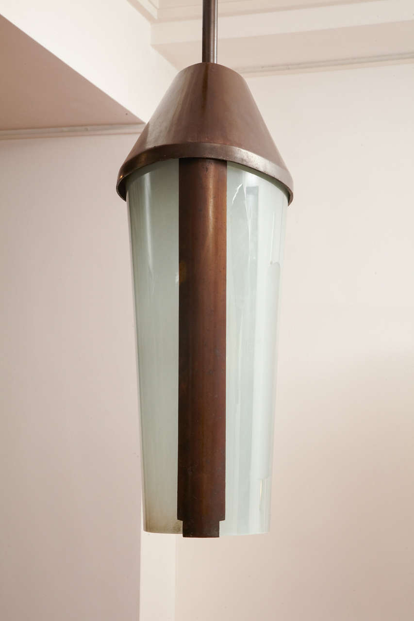 Italian Patinated Metal And Glass Lantern By Fontana Arte, 1950's.