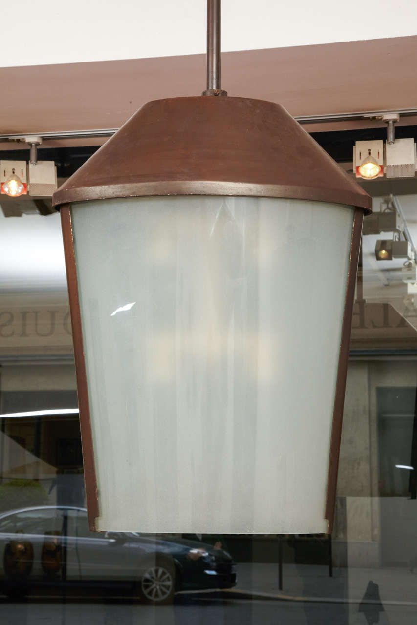 Patinated Metal And Glass Lantern By Fontana Arte, 1950's. In Good Condition In Paris, FR