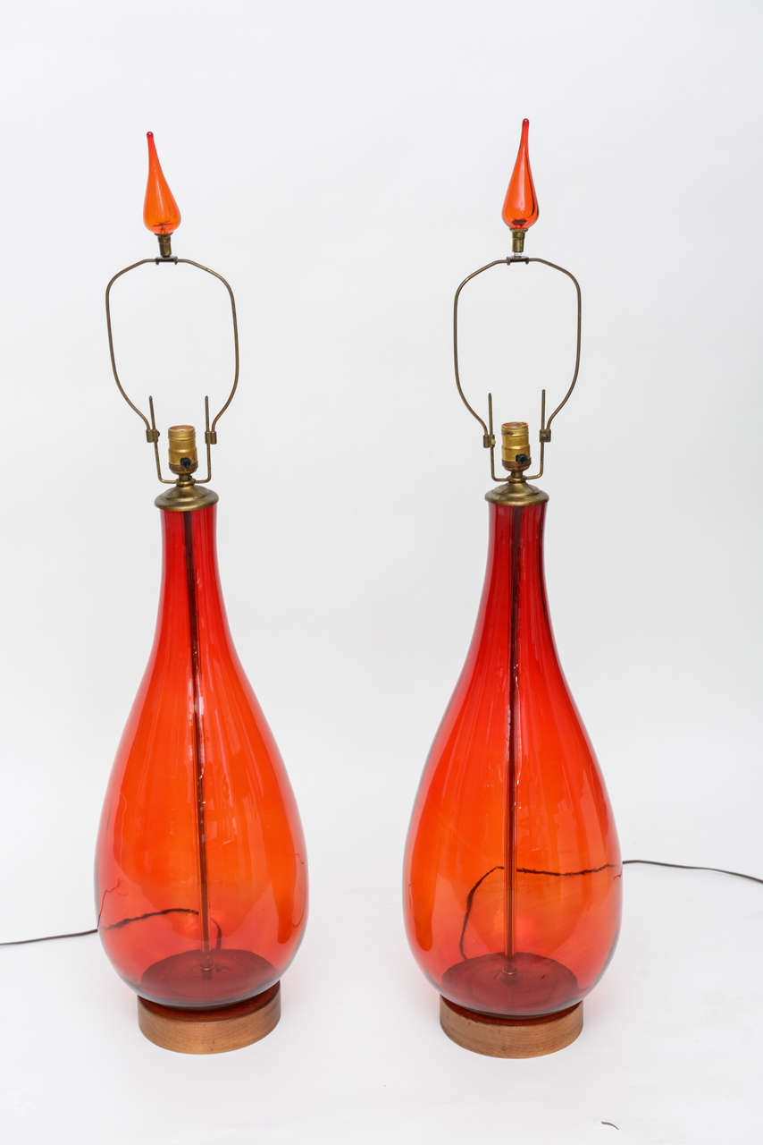 Mid-Century Modern Pair of Large Tangerine Blenko Glass Lamps
