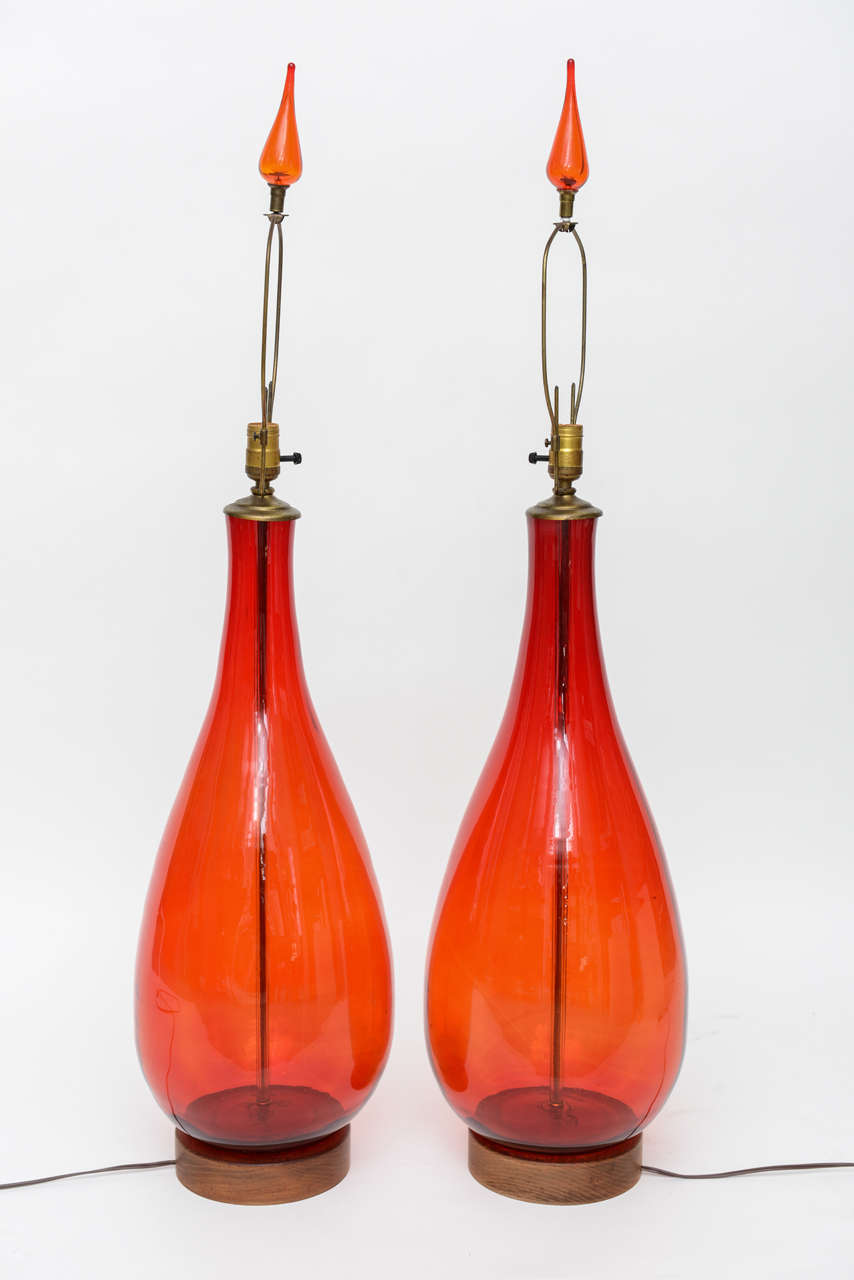 American Pair of Large Tangerine Blenko Glass Lamps