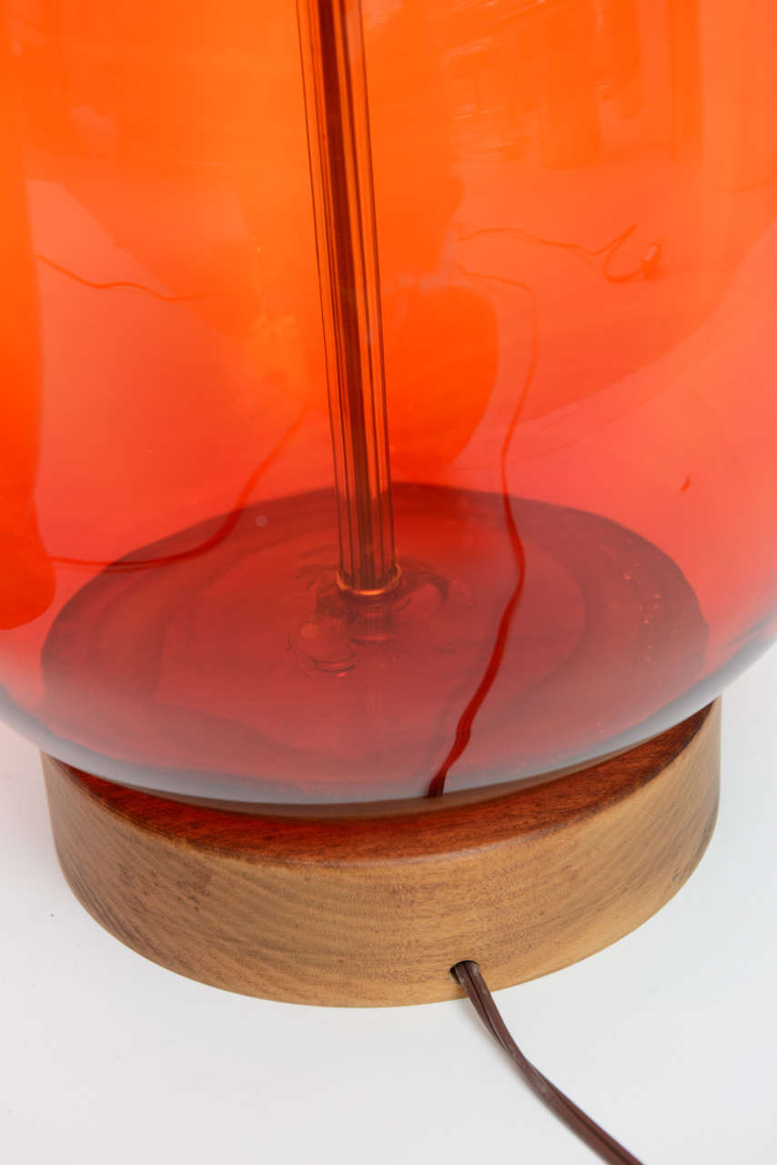 Mid-20th Century Pair of Large Tangerine Blenko Glass Lamps